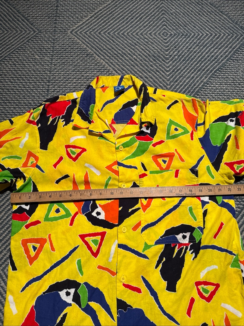 Vintage Op 80s Mens Parrot Yellow Short Sleeve Button Up Shirt Size L - Picture 6 of 10